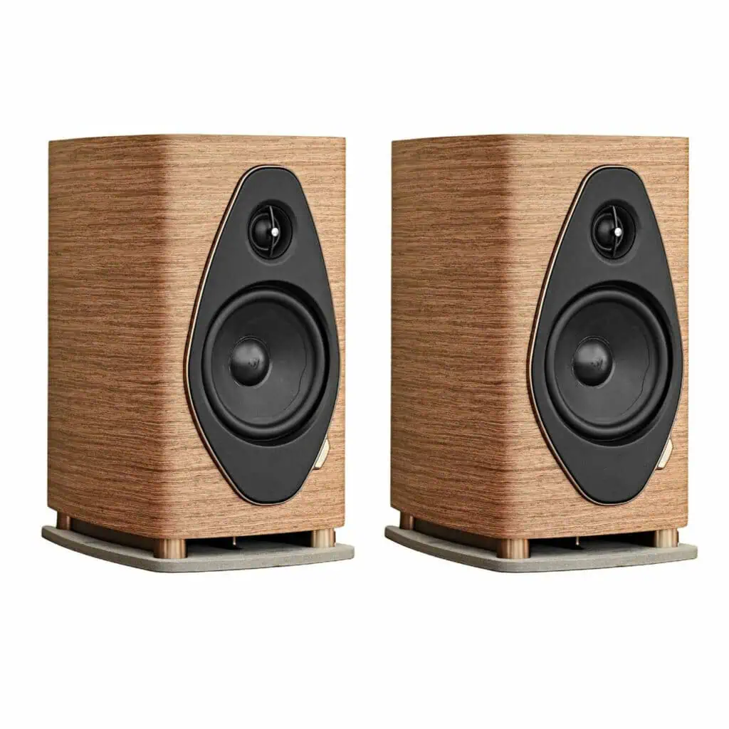 Sonus Faber Sonetto II, G2 boekenplankluidsprekers in zwarte uitvoering met leren afwerking en betonnen basis, geplaatst op optionele standaarden.