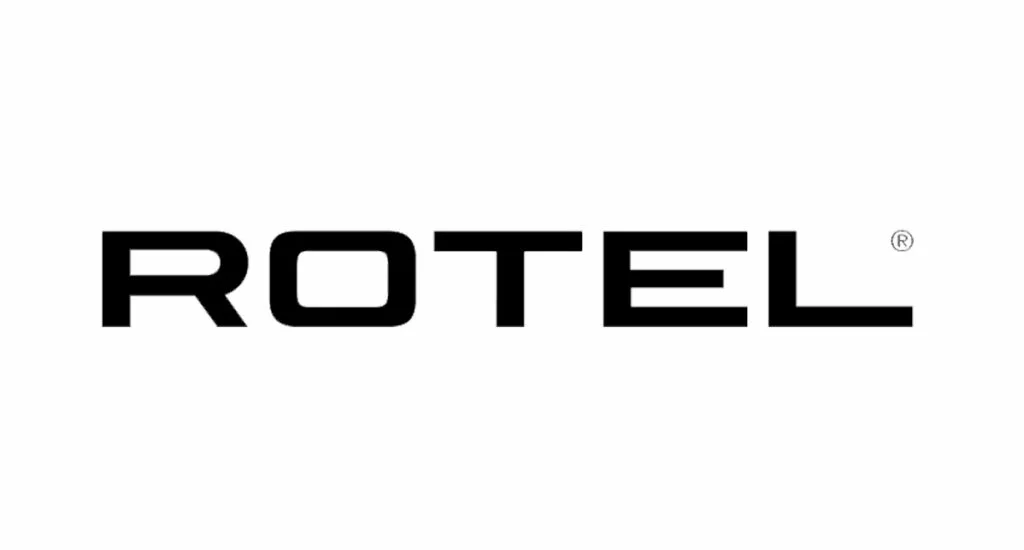 Logo van Rotel, Japans merk met decennialange ervaring in versterkers en audioapparatuur, gericht op pure geluidsweergave