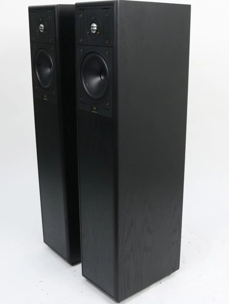 Vloerstaande Celestion 300 luidspreker in zwart eiken afwerking, met een slank ontwerp, zichtbare aluminium tweeterbescherming en elegante afwerking.