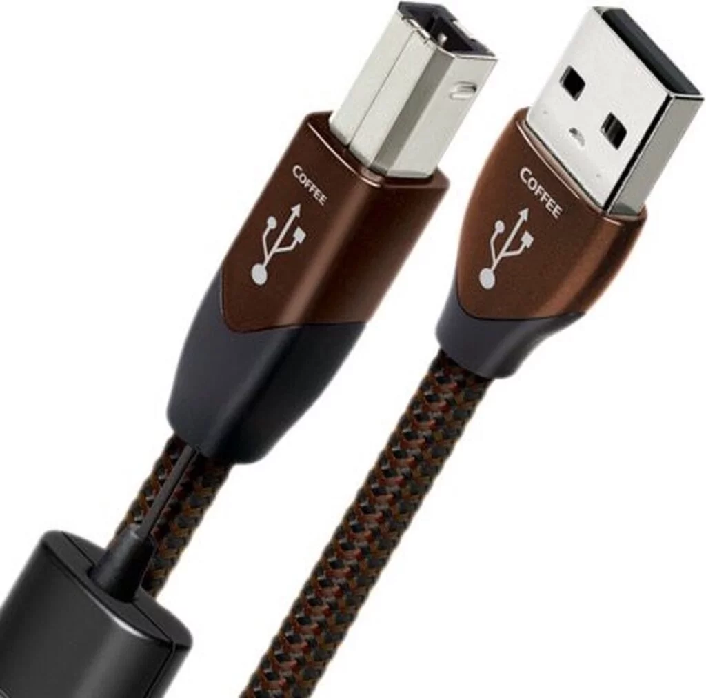 AudioQuest Coffee USB 2.0 A-B kabel – 1.5 meter, high-end digitale audiokabel met zilver-geplateerde geleiders.