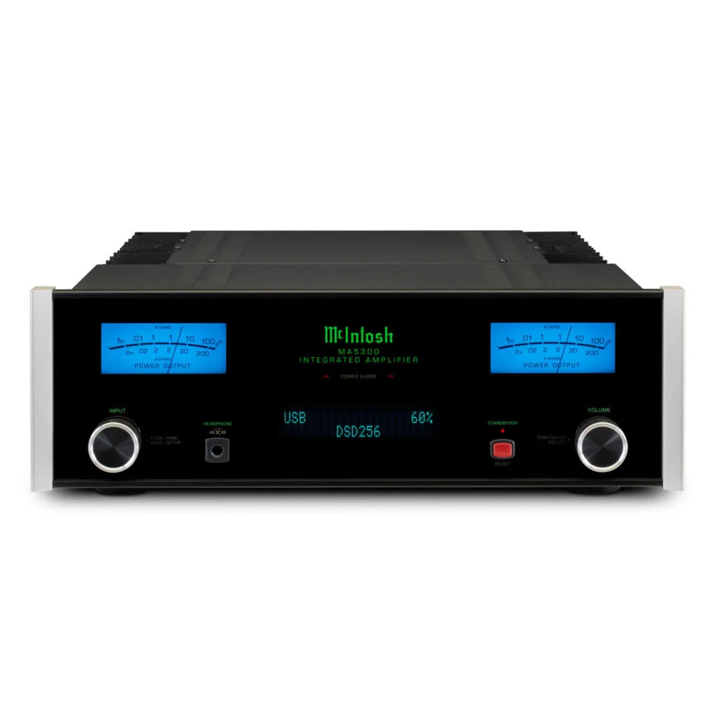 McIntosh MA5300 integrated amplifier with signature blue meters, black glass front, and aluminum side panels